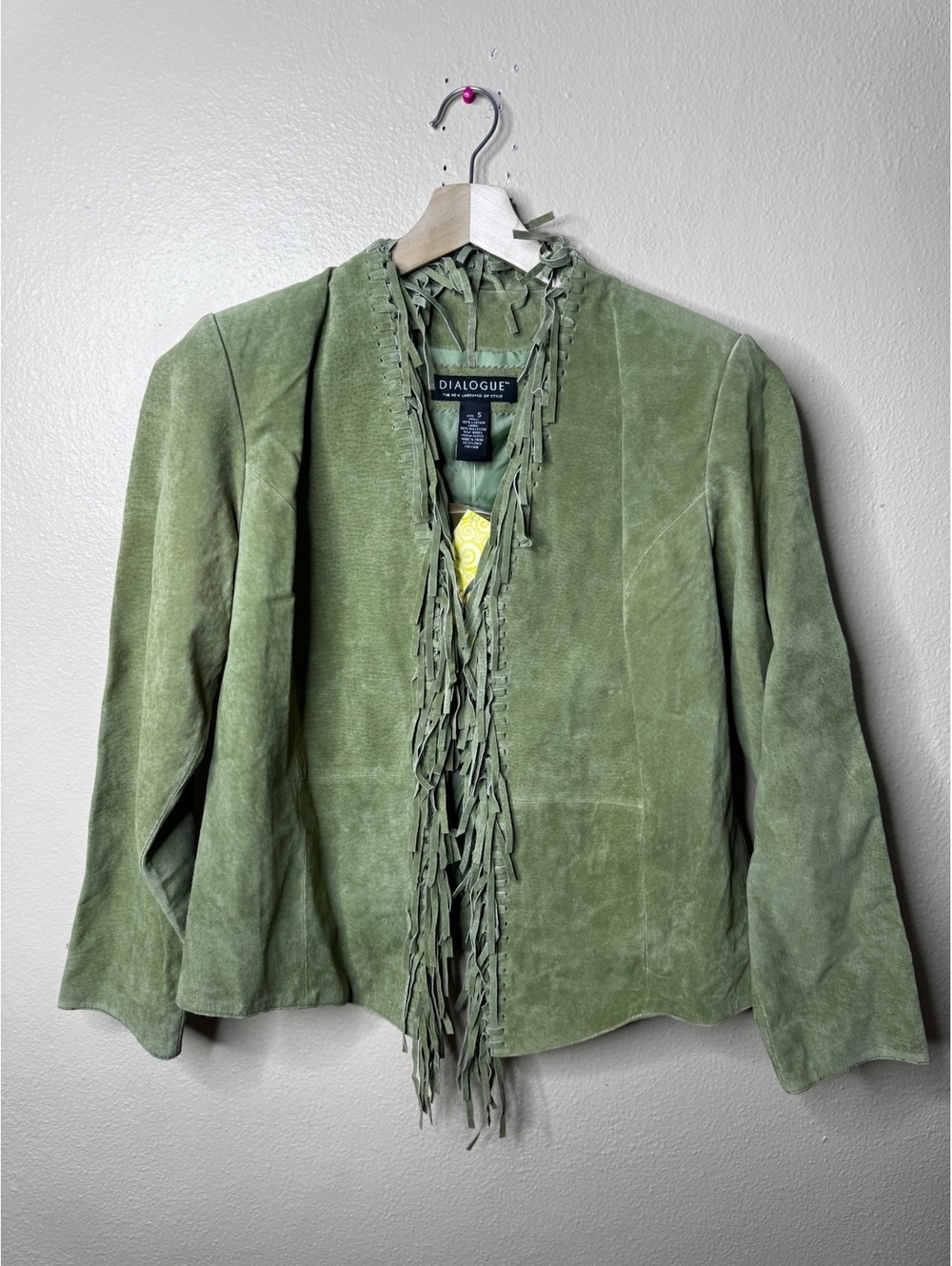 Dialogue Women’s S Sage Green Suede Leather Fringe Western Boho Jacket NWT